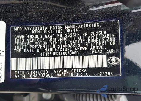 2014 Toyota Camry Se из США, поврежденный, VIN 4T1BF1FK4EU870089